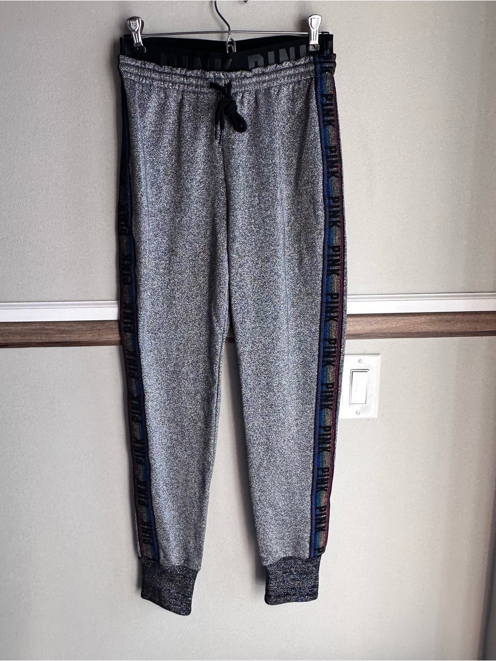 Victoria’s Secret PINK Silver Glitter Jogger Pants Rainbow & Sequins​